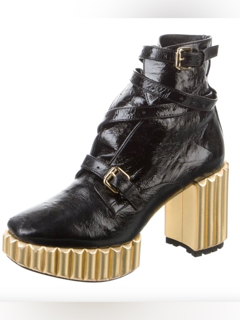 Dior Black Patent Leather Ankle Boot with Gold Sculpted Heel - Picture 2 of 5